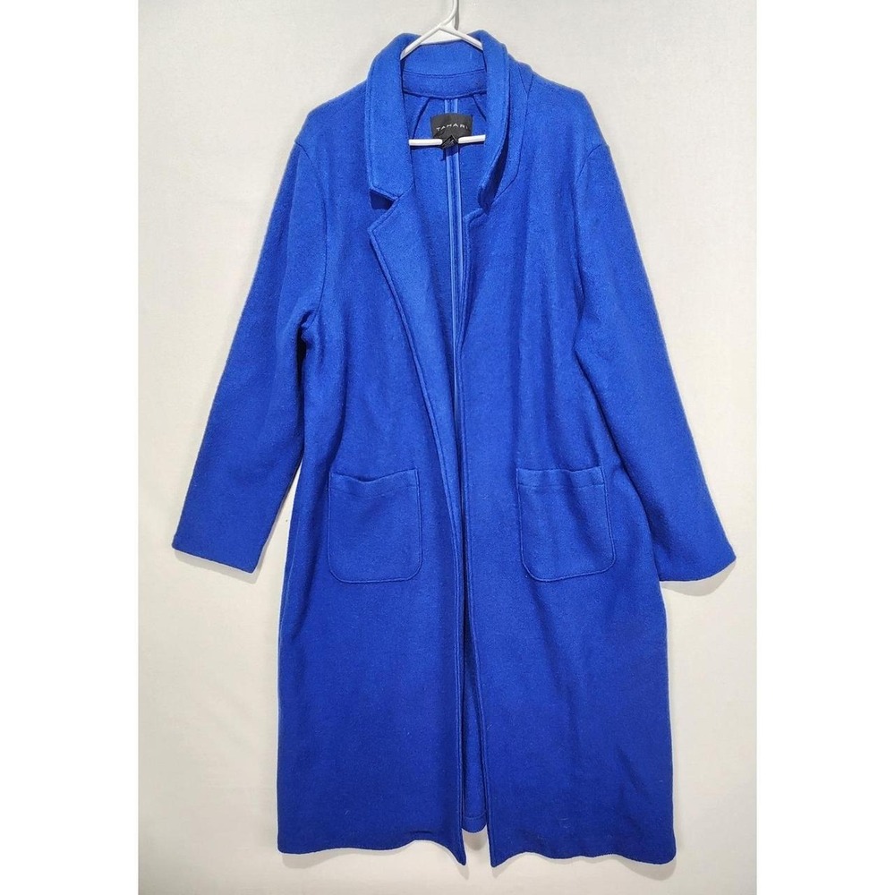 Tahari Women's XL Royal Blue Wool Blend Longline Open Front Duster Coat